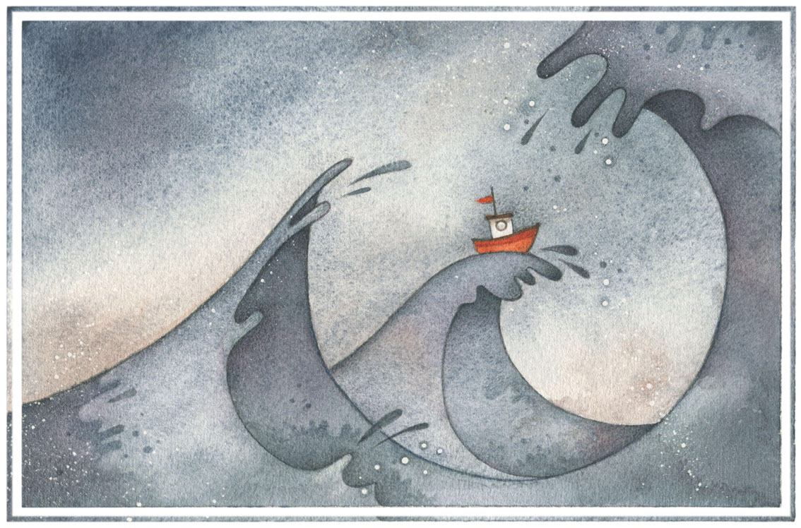 Watercolor illustration of a tiny red boat on a stormy sea. Art by Gaia Bordicchia