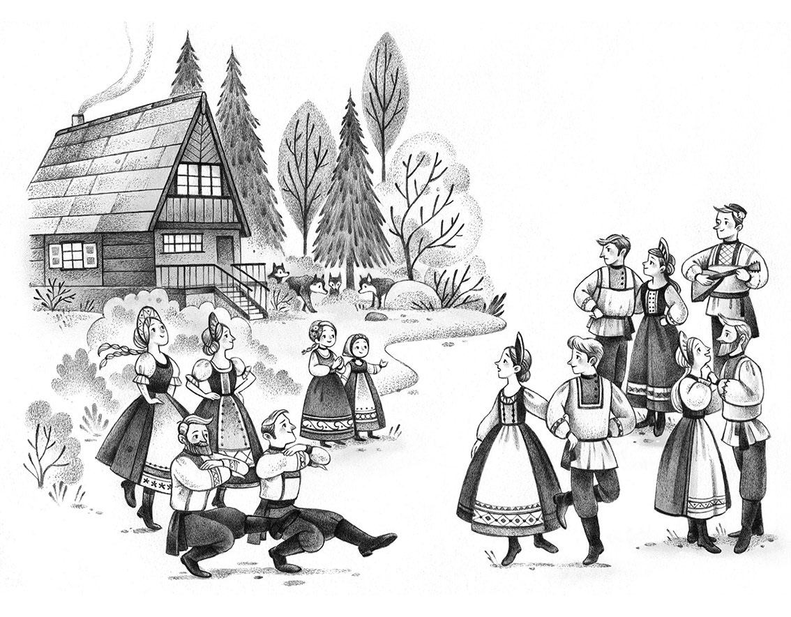 Ink illustration of a russian village with people celebrating in traditional clothes