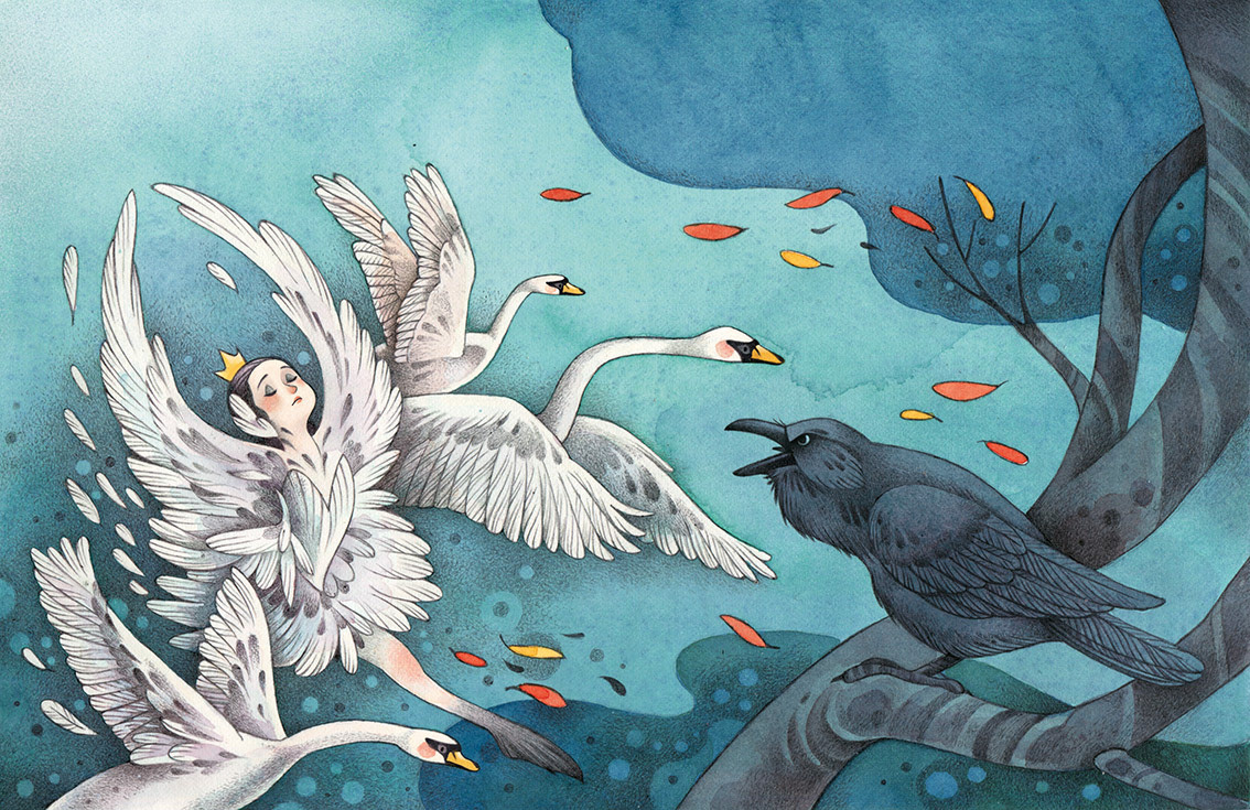 Watercolor illustration of a crow and swan lake dancers turning into birds. Illustration by Gaia Bordicchia 