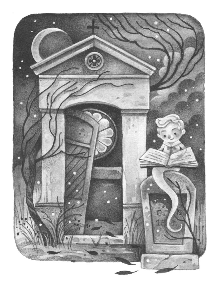 Black and white illustration of a little ghost sitting on a tomb stone. Gouache art by Gaia Bordicchia