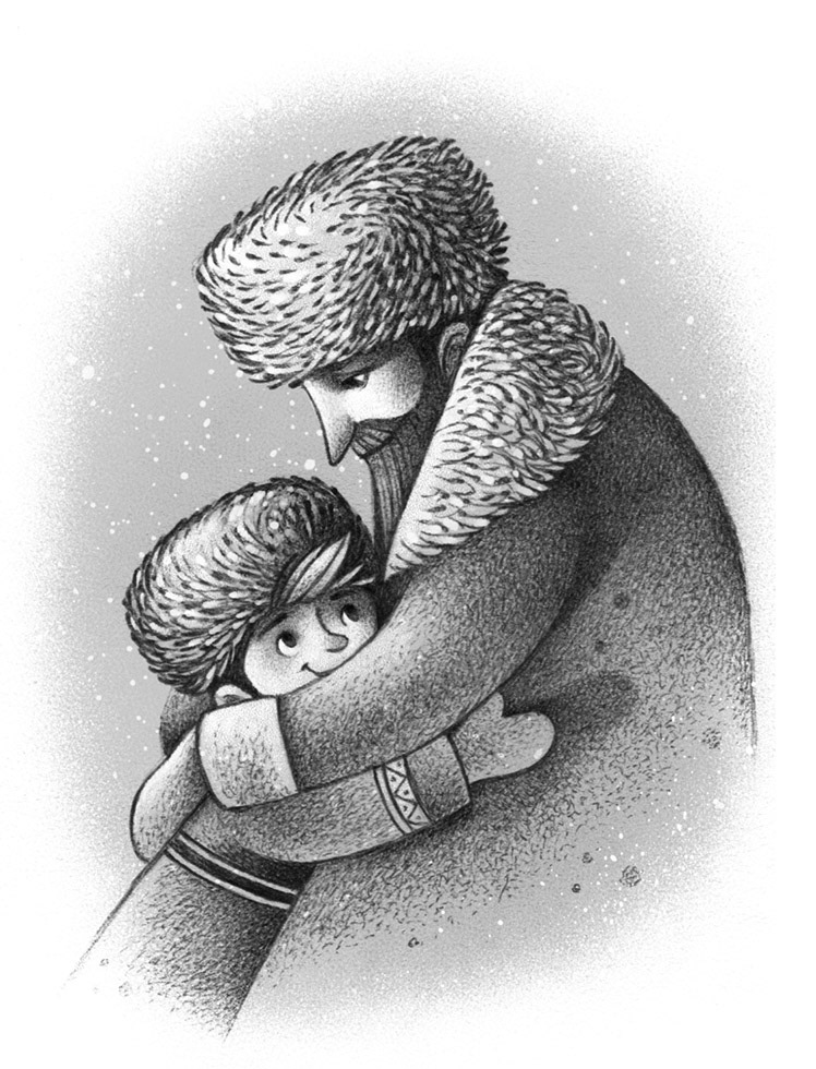 Ink illustration of Sasha hugging his father.