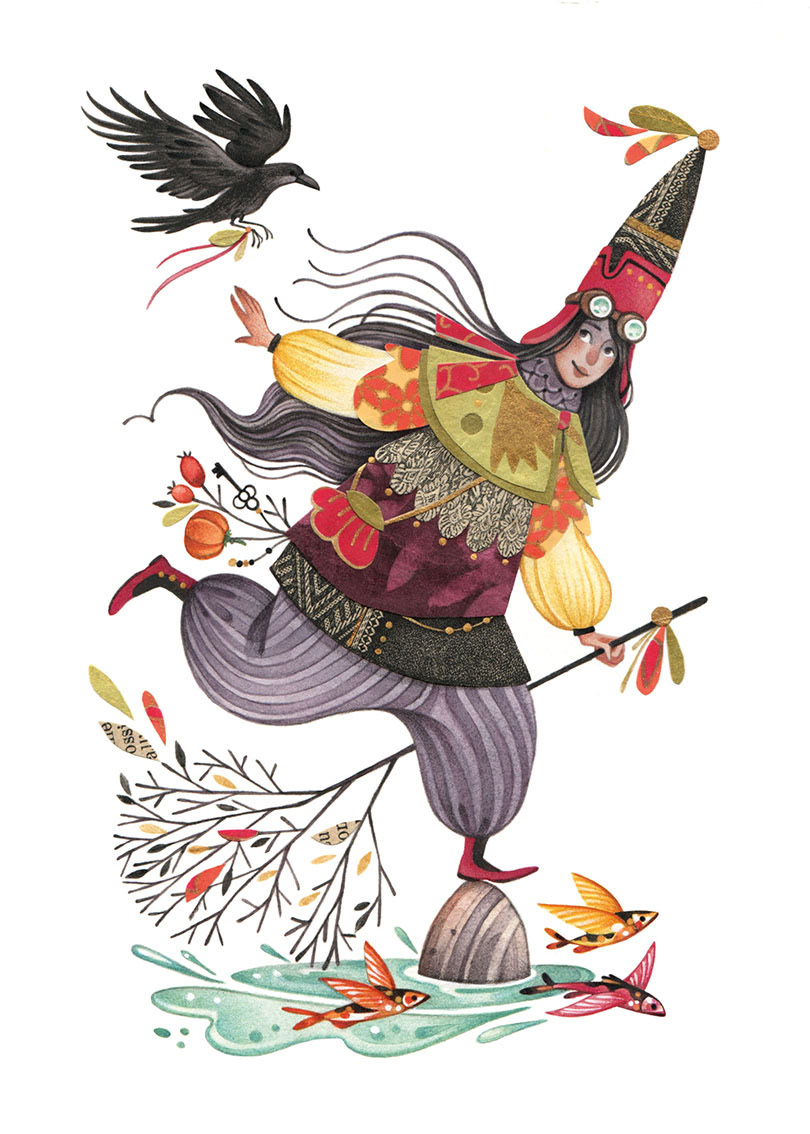 Illustration of a witch with colorful clothes and a crow. Mixed media art by Gaia Bordicchia. Lagaia Art