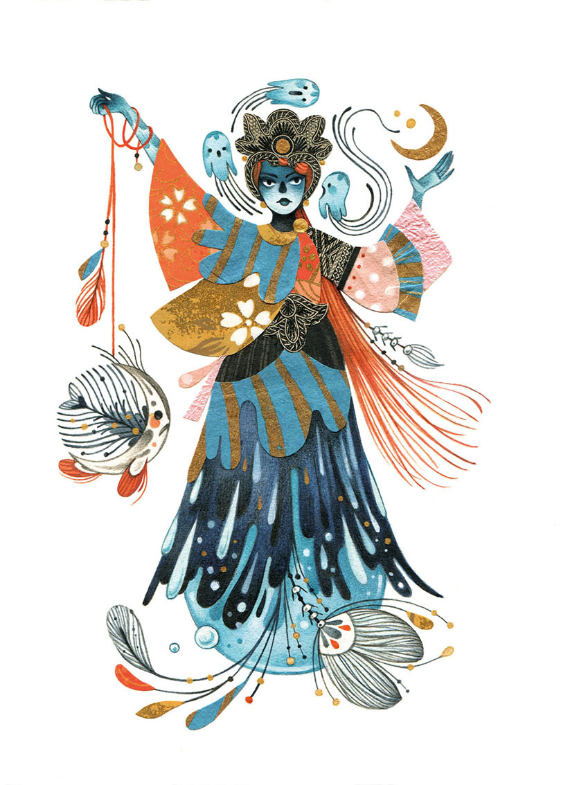 Illustration of a sea witch with skeleton fishes and ghost jellyfishes. Original illustration by Gaia Bordicchia. Lagaia Art