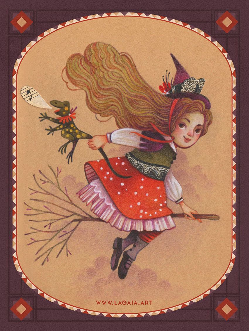 A witch flying on a broom. Pencil and collage art by Gaia Bordicchia