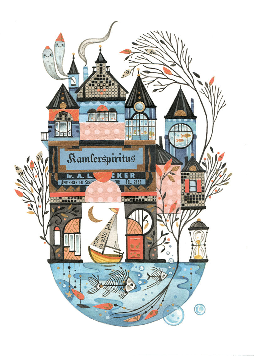 Haunted mansion illustration using watercolors and collage. Art by Gaia Bordicchia