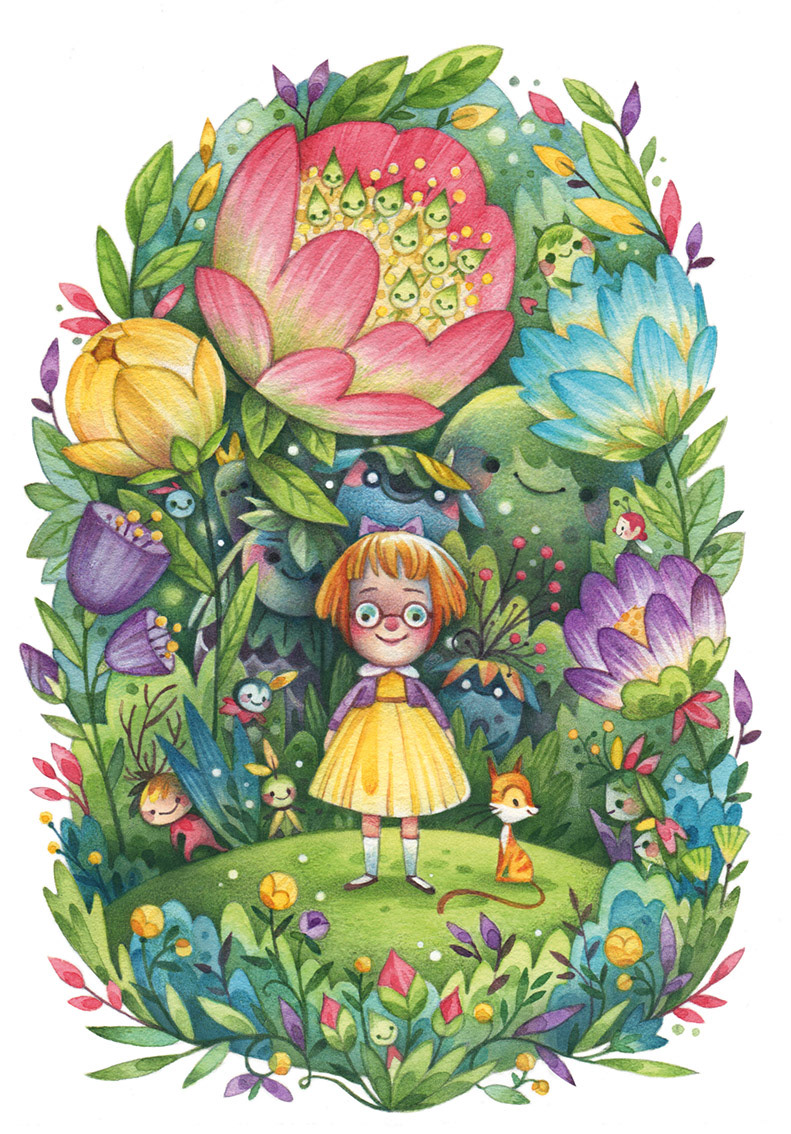 Illustration in watercolor of a little girl and her cat in a magical garden full of fantastic creatures. Illustration by Gaia Bordicchia