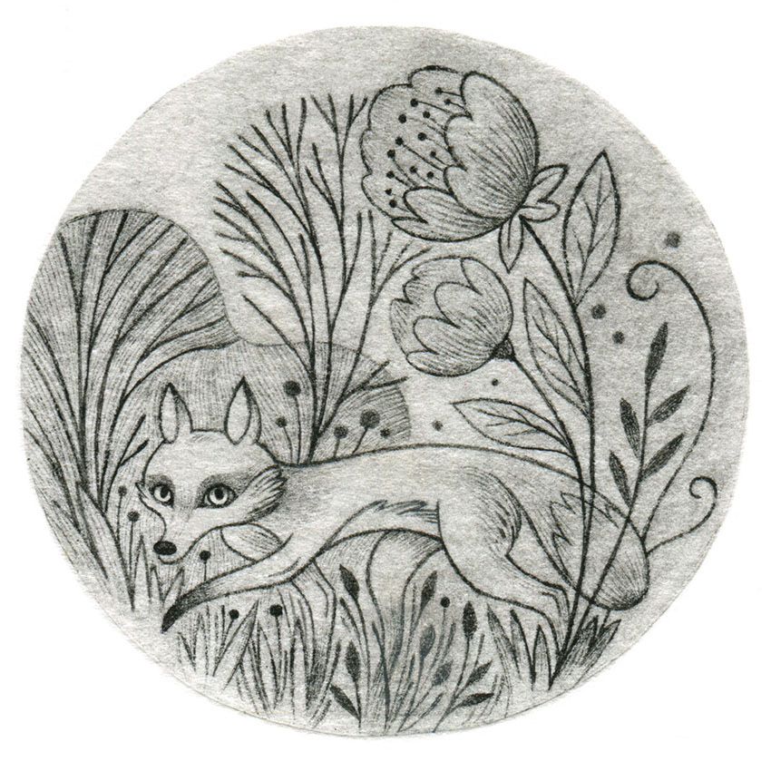 Dry point etching illustration of a fox walking through a garden. Art by Gaia Bordicchia