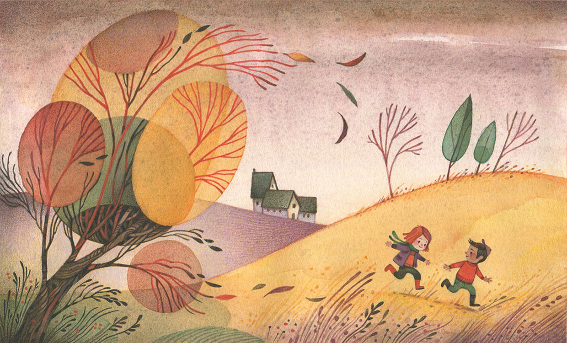 Landscape illustration of two children running on the fields. Autumnal colors. Gouache art by Gaia Bordicchia