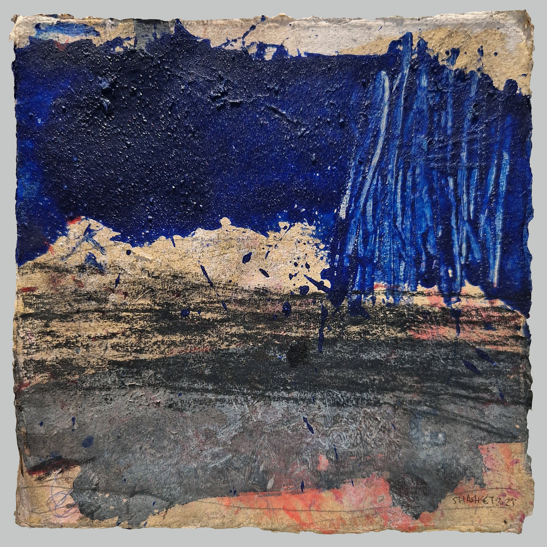 Composition 14-23  Mixed media on Khadi cotton paper  20x20 cm  2023 .