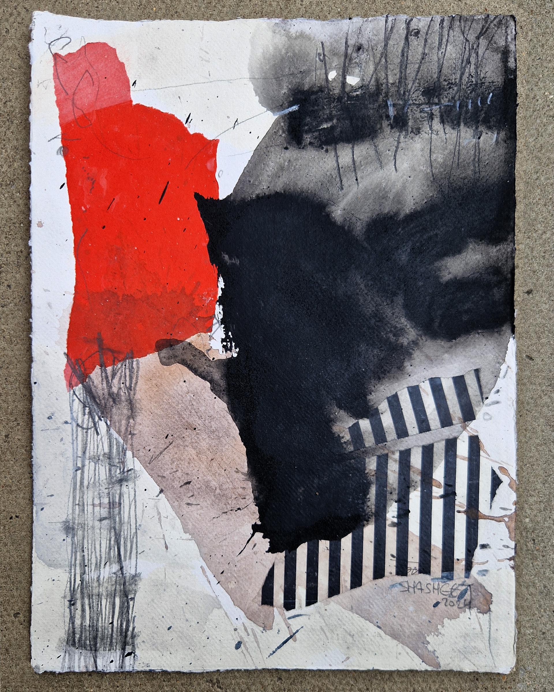 Composition 15-24  Mixed media on Khadi cotton paper  A3  2024  SOLD