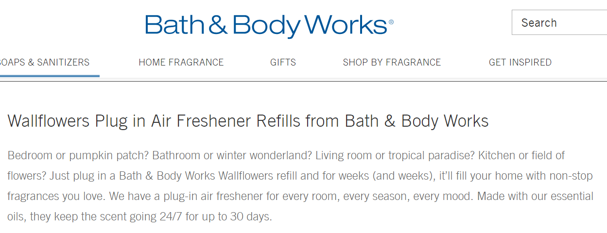 Excerpt of the Bath & Body Works website