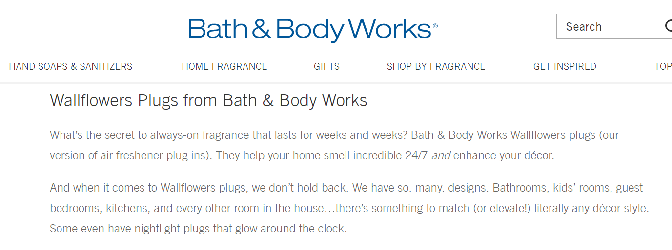 Excerpt of the Bath & Body Works website