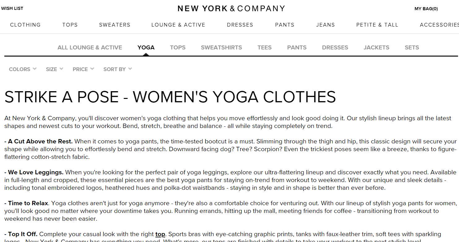 Excerpt of the New York & Co website
