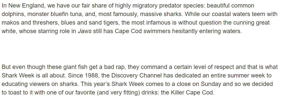 Excerpt of blog post about Shark Week and corresponding cocktail recipe