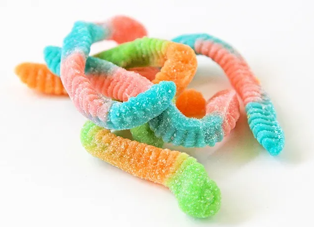 Gummi worms found in company's product line styled for photographs