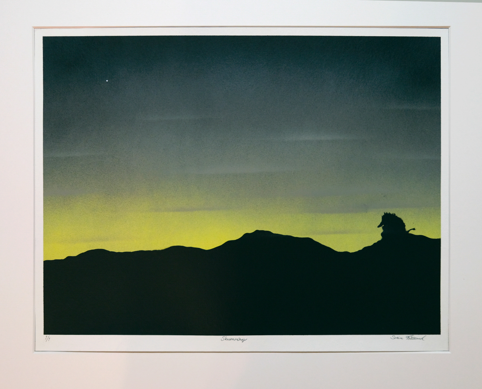 Title: Skumring. Each color variation is unique!  Only 1 of each color is made! Paper: Hahnemühle Mixed Media Bamboo 265g. Size: 40 x 50cm. Price: 4500,- NOK