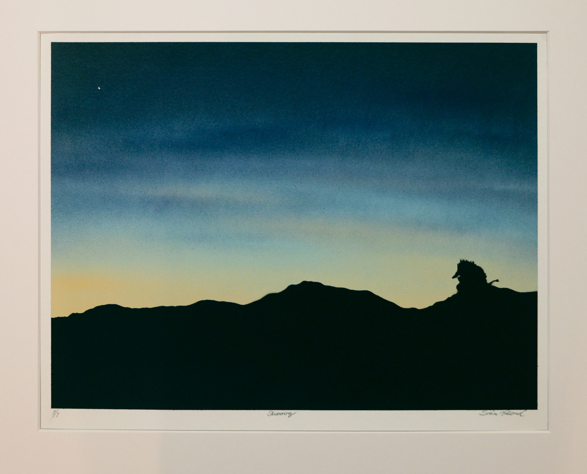 Title: Skumring. Each color variation is unique!  Only 1 of each color is made! Paper: Hahnemühle Mixed Media Bamboo 265g. Size: 40 x 50cm. Price: 4500,- NOK