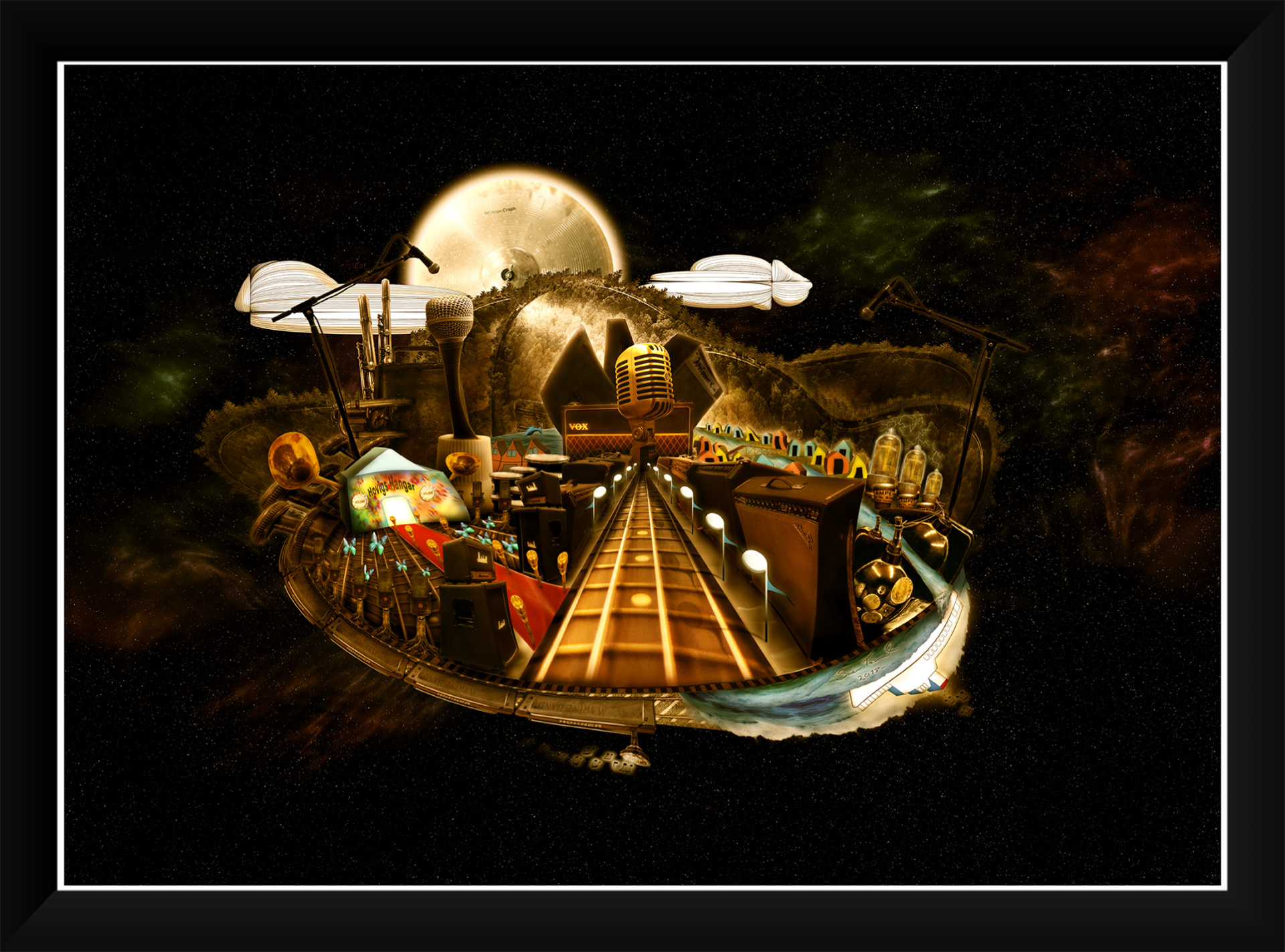 Title: Musikkbyen 2018.  DGA Print. Me being the official Notodden Blues Festival 2018 artist. The motif comes in three different color variations. Only 100 of each color variation are made. Each print are hand signed and numbered. "Musikkbyen" means The Music Town! Price: 1900,- NOK