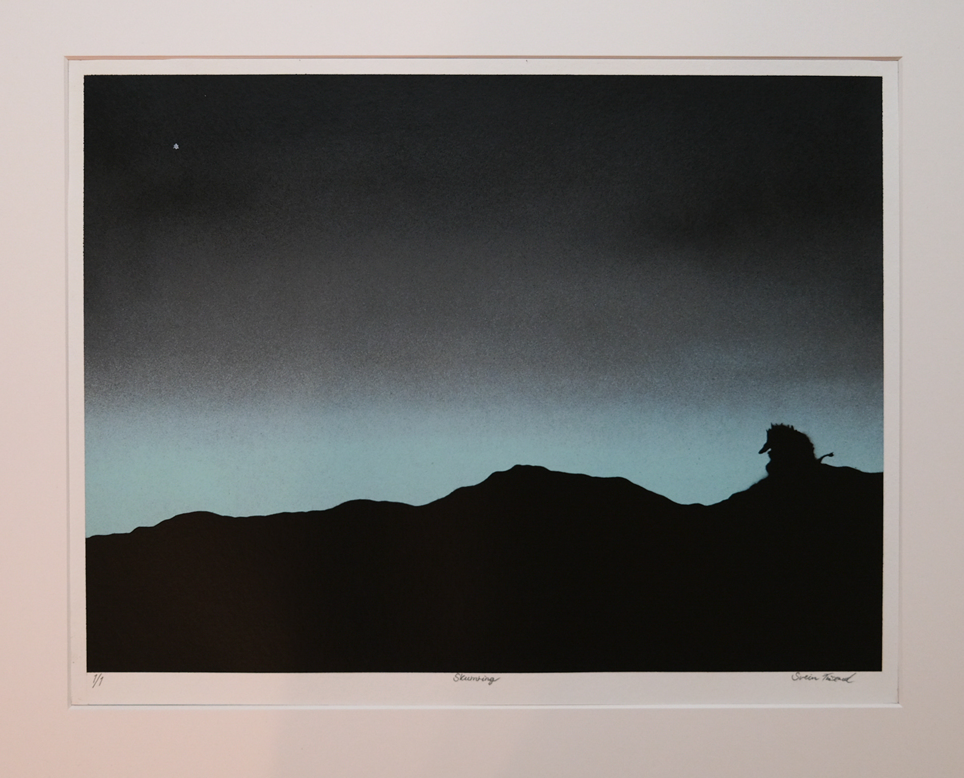 Title: Skumring. Each color variation is unique!  Only 1 of each color is made! Paper: Hahnemühle Mixed Media Bamboo 265g. Size: 40 x 50cm. Price: 4500,- NOK