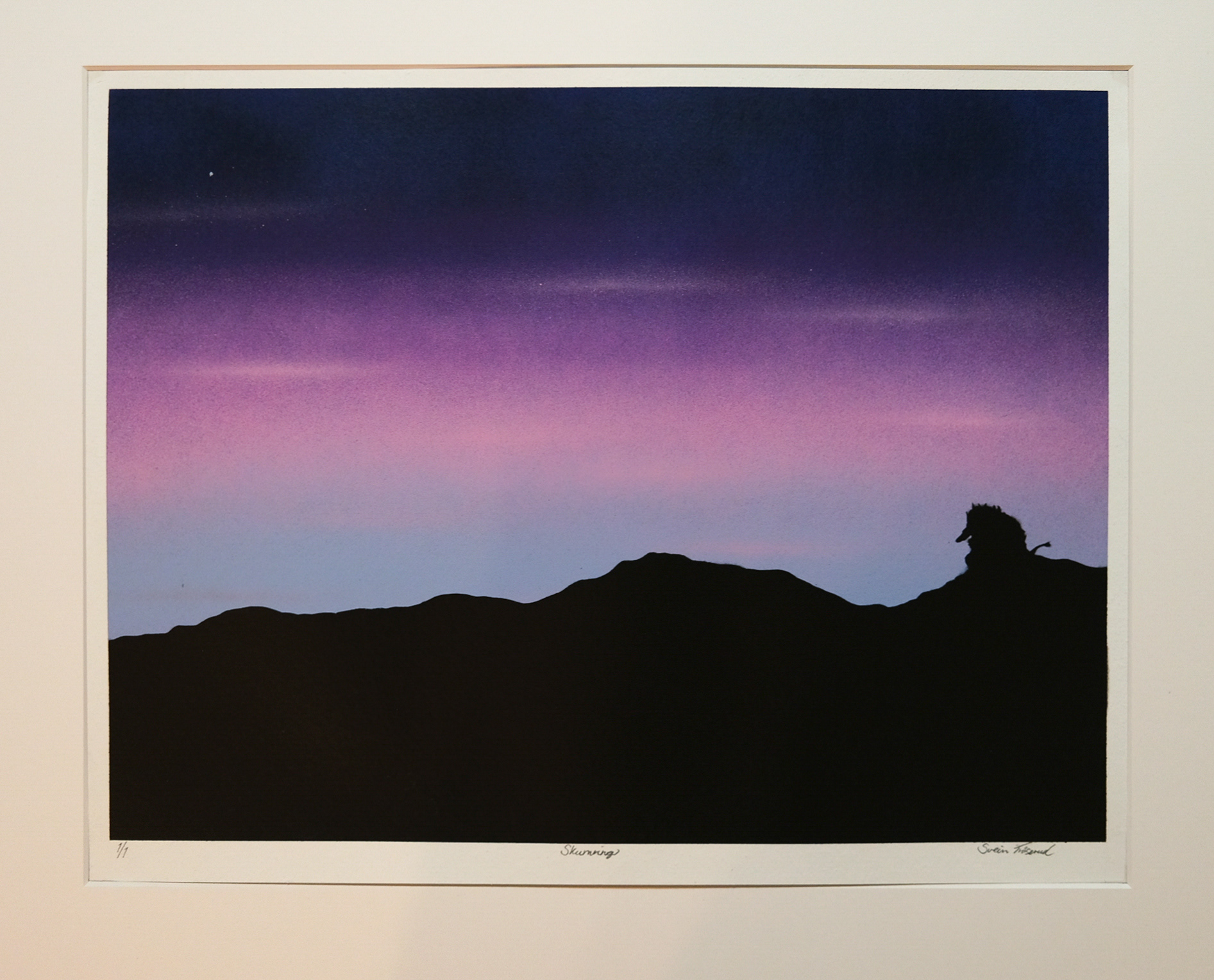 Title: Skumring. Each color variation is unique!  Only 1 of each color is made! Paper: Hahnemühle Mixed Media Bamboo 265g. Size: 40 x 50cm. Price: 4500,- NOK