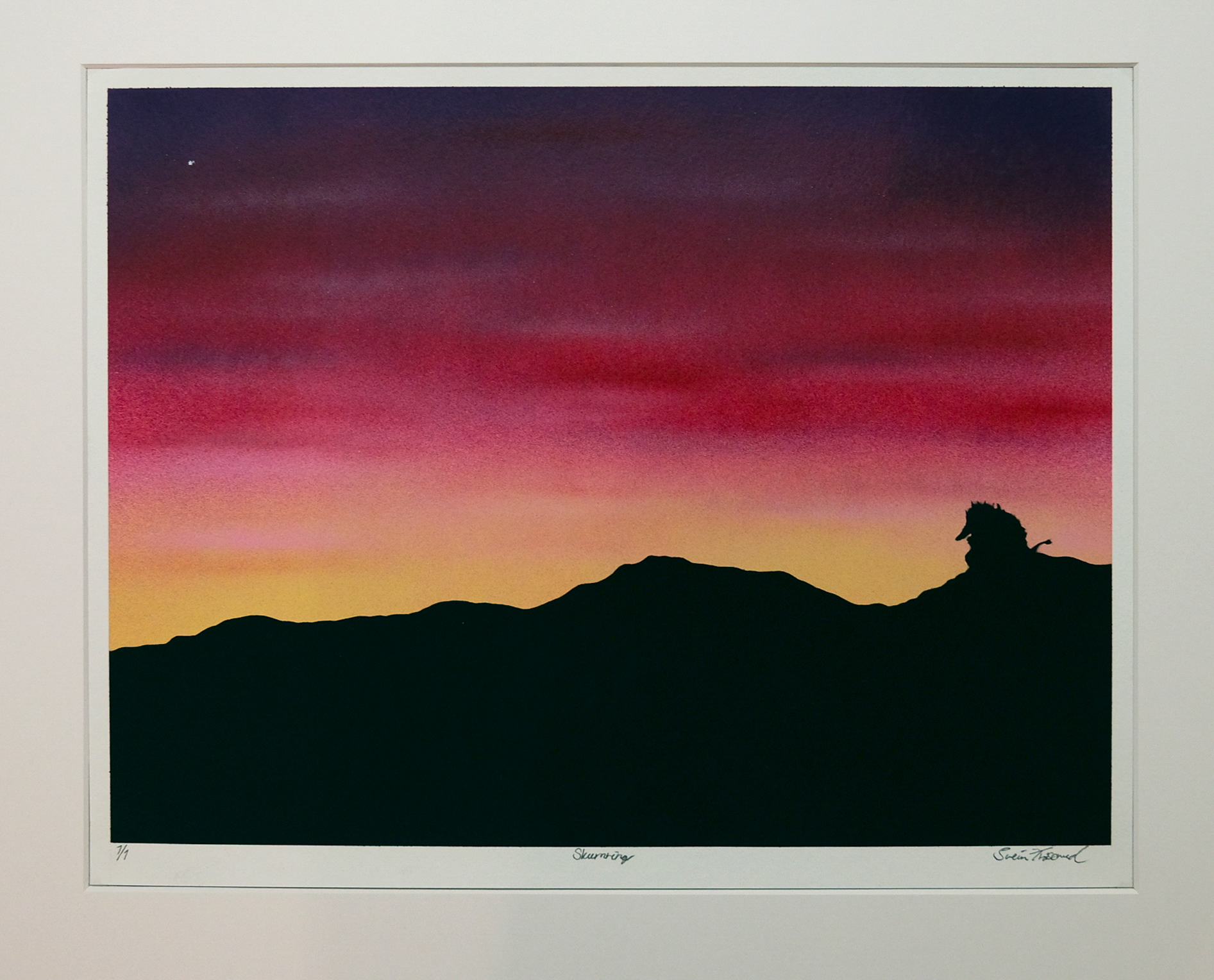 Title: Skumring. Each color variation is unique!  Only 1 of each color is made! Paper: Hahnemühle Mixed Media Bamboo 265g. Size: 40 x 50cm. Price: 4500,- NOK