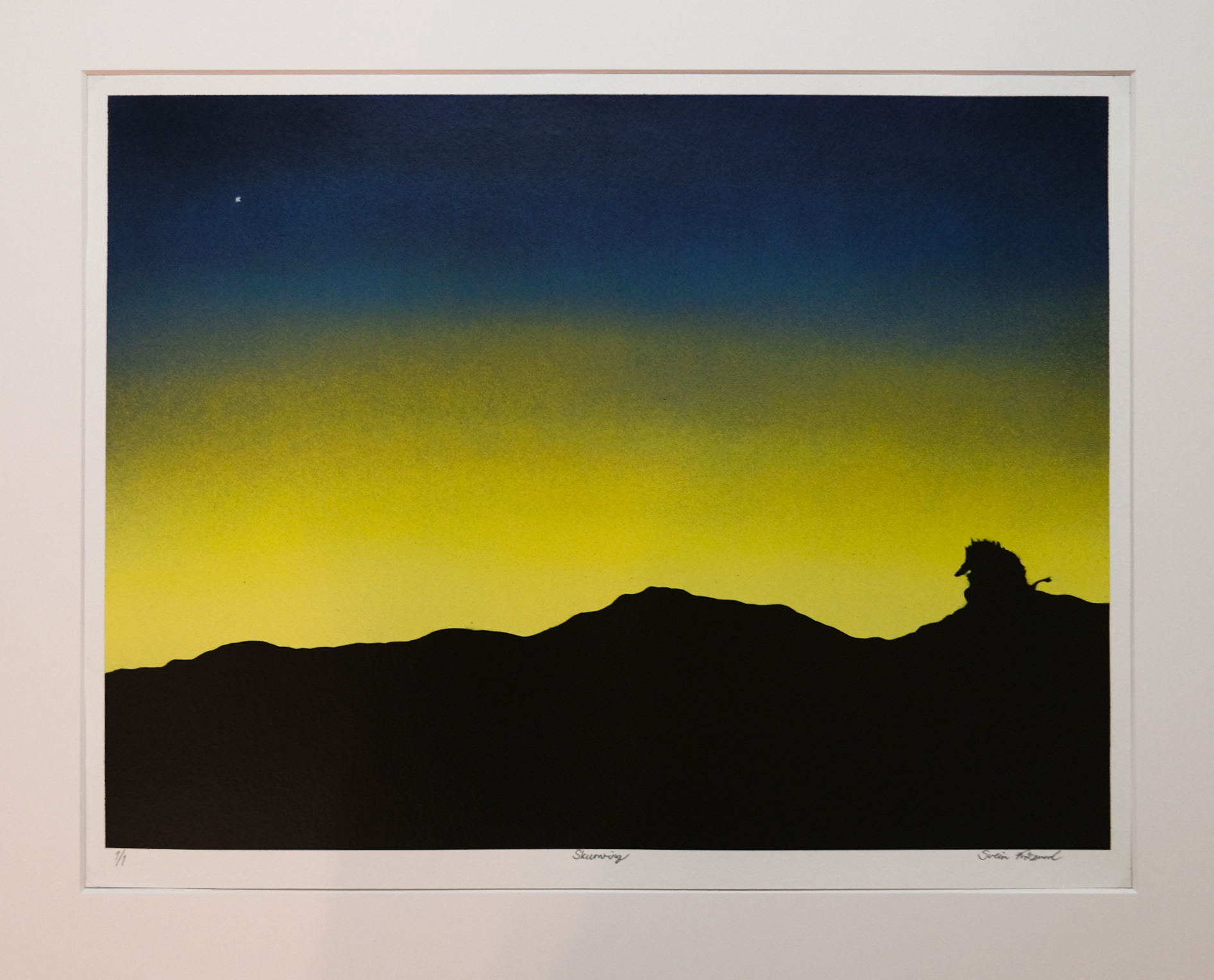 Title: Skumring. Each color variation is unique!  Only 1 of each color is made! Paper: Hahnemühle Mixed Media Bamboo 265g. Size: 40 x 50cm. Price: 4500,- NOK