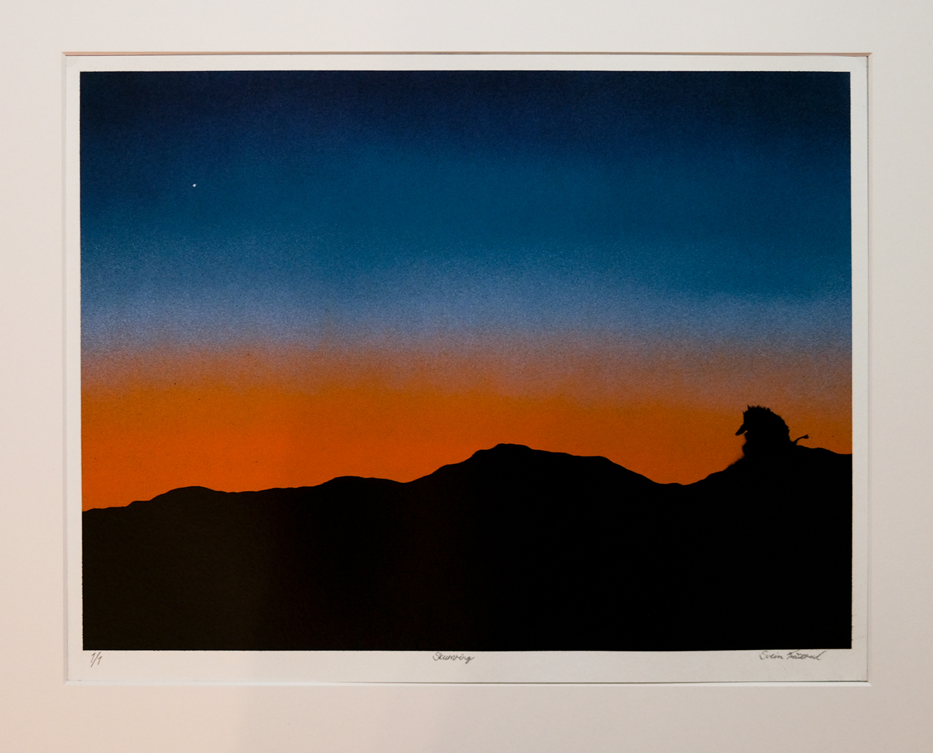 Title: Skumring. Each color variation is unique!  Only 1 of each color is made! Paper: Hahnemühle Mixed Media Bamboo 265g. Size: 40 x 50cm. Price: 4500,- NOK