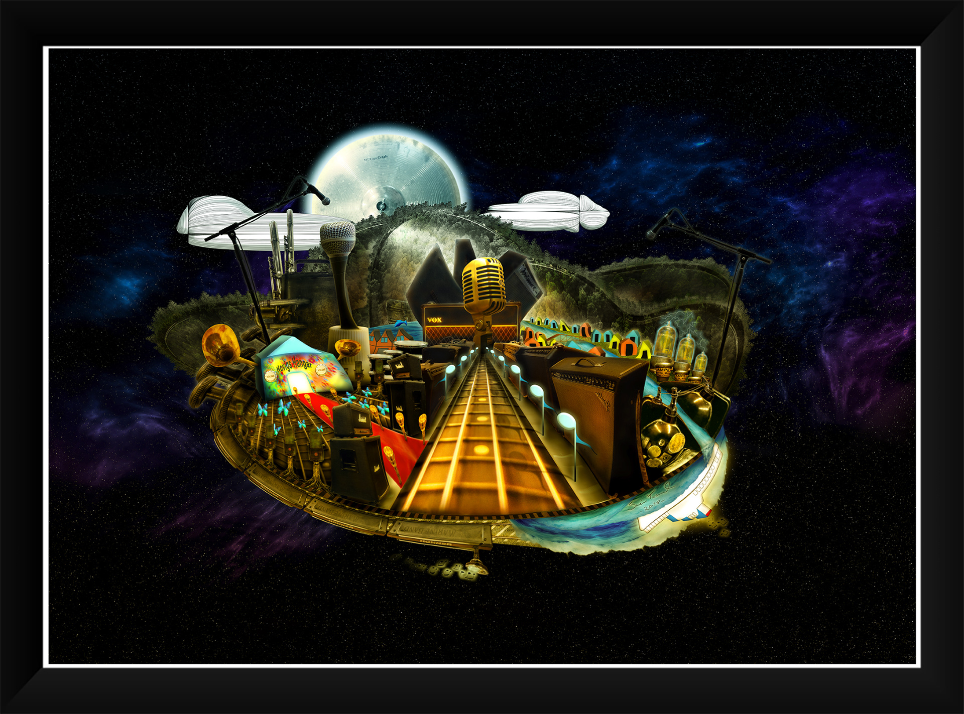 Title: Musikkbyen 2018.  DGA Print. Me being the official Notodden Blues Festival 2018 artist. The motif comes in three different color variations. Only 100 of each color variation are made. Each print are hand signed and numbered. "Musikkbyen" means The Music Town! Price: 1900,- NOK