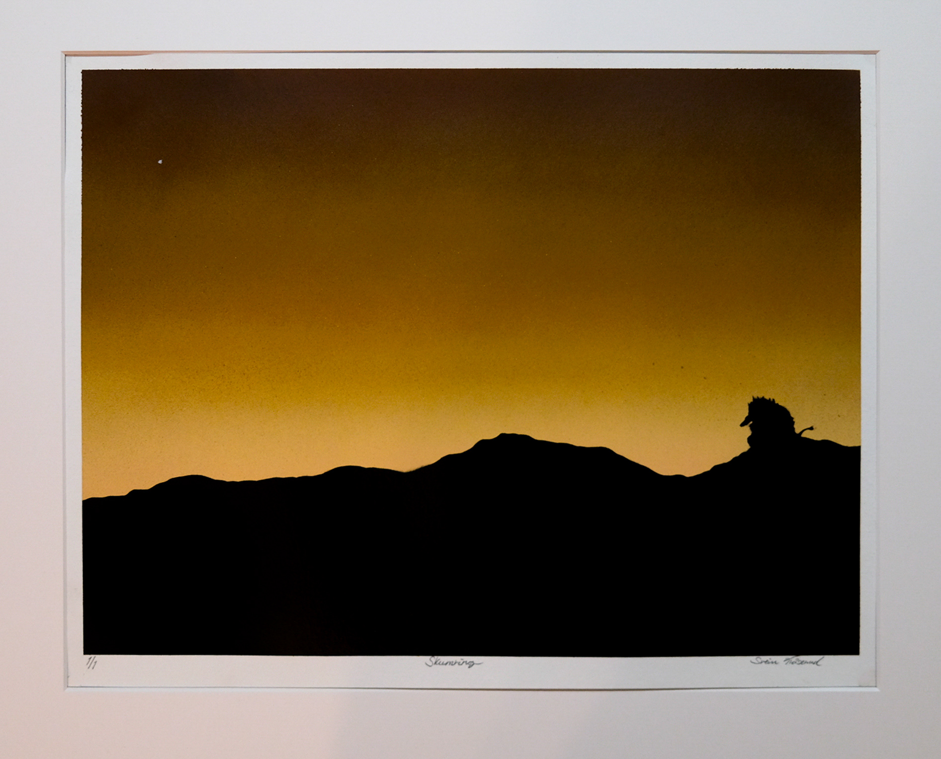 Title: Skumring. Each color variation is unique!  Only 1 of each color is made! Paper: Hahnemühle Mixed Media Bamboo 265g. Size: 40 x 50cm. Price: 4500,- NOK