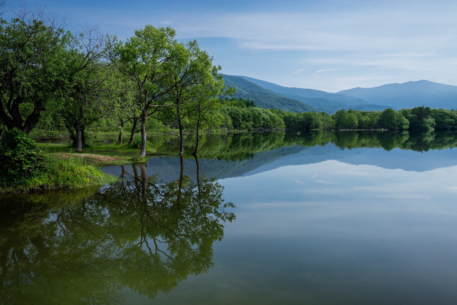 誤って削除してしまったので再投稿です。*福島県の小野川湖畔。初夏の穏やかな朝です。*An early summer morning at Onogawa Lake in Fukushima