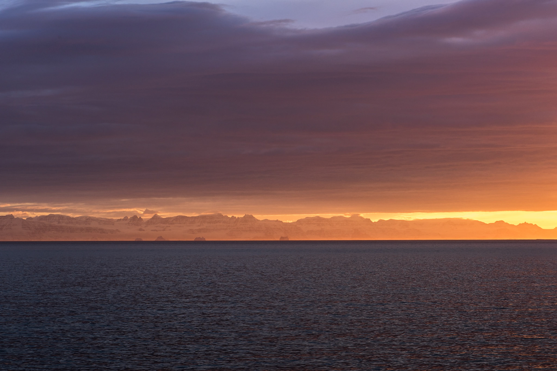 Sunset in Scoresby Sound, the longest fjord on Earth.