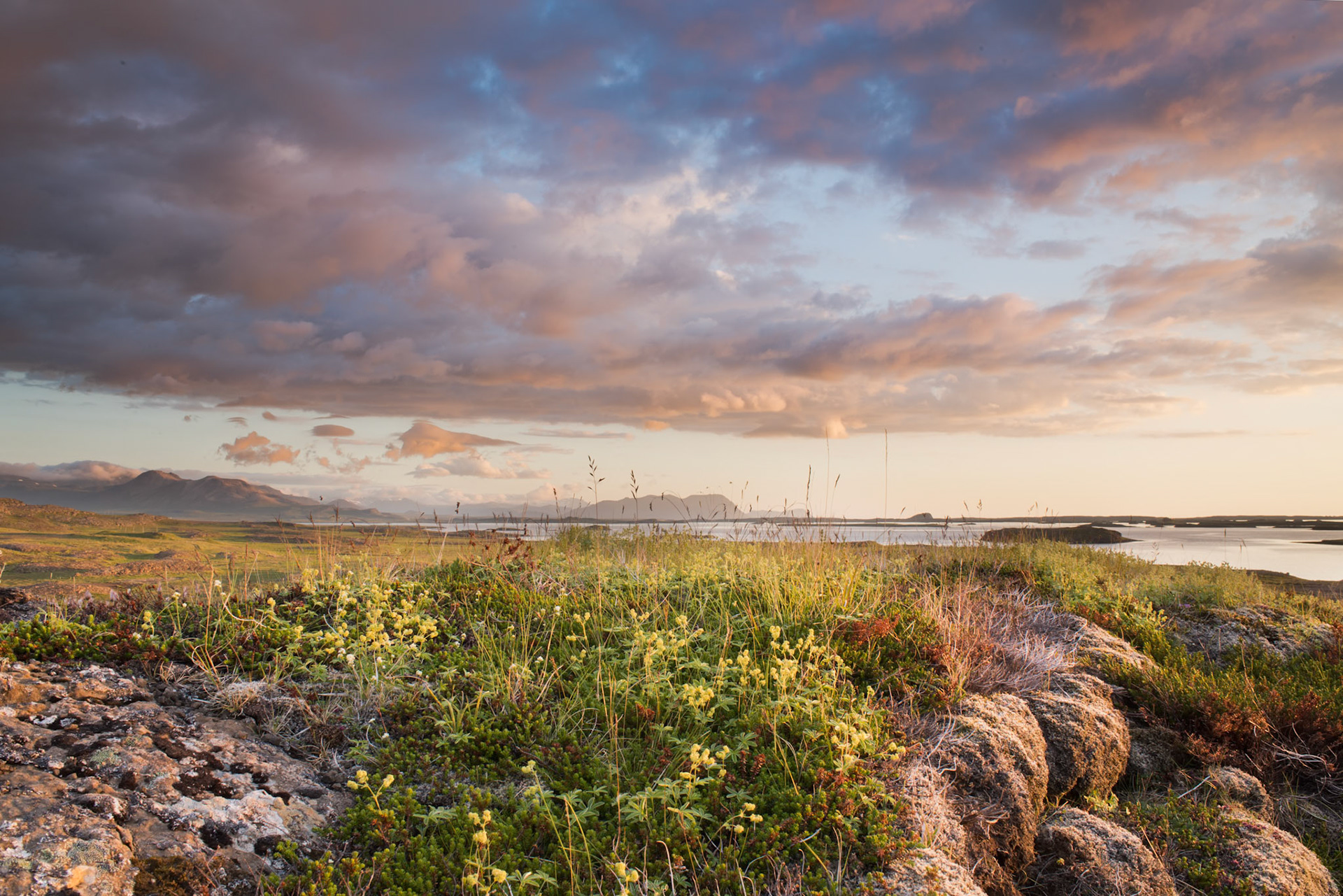 ©SVANA Drápuhlíðarfjall and Bjarnarhafnarfjall in the distance. Sunset at Breiðafjörður.