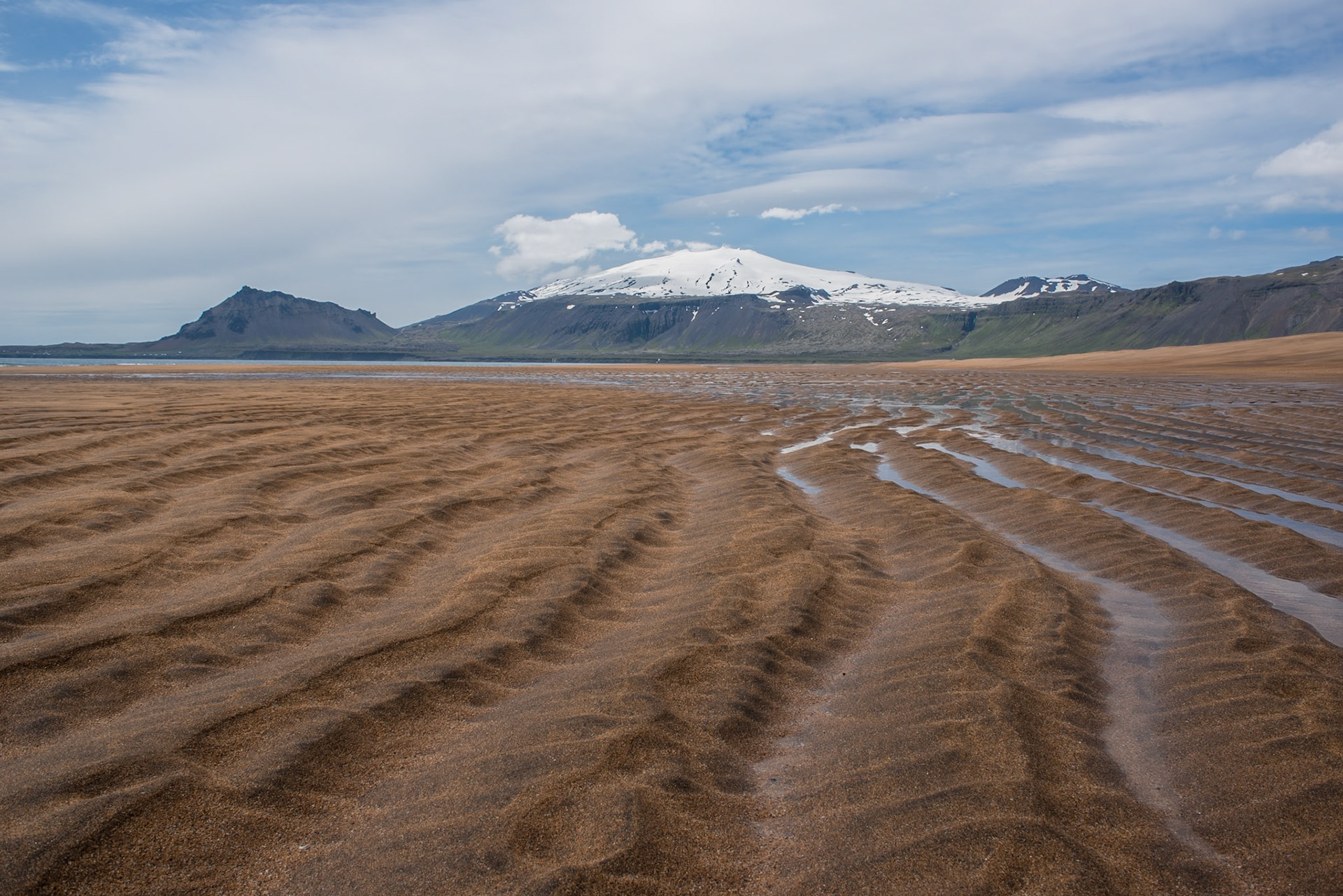 Snæfellsjökull -Sandy waves leading the eye to the mysterious Snæfellsjökull glacier.Location: Breiðavík,Snæfellsnes, West Iceland