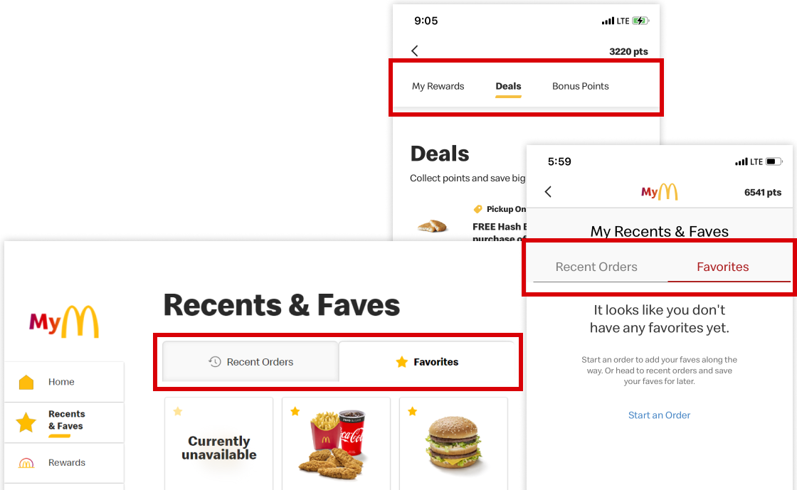 Three screenshots from the McDonalds ordering kiosk and mobile app containing tabs components. The tabs in each one are circled in red.