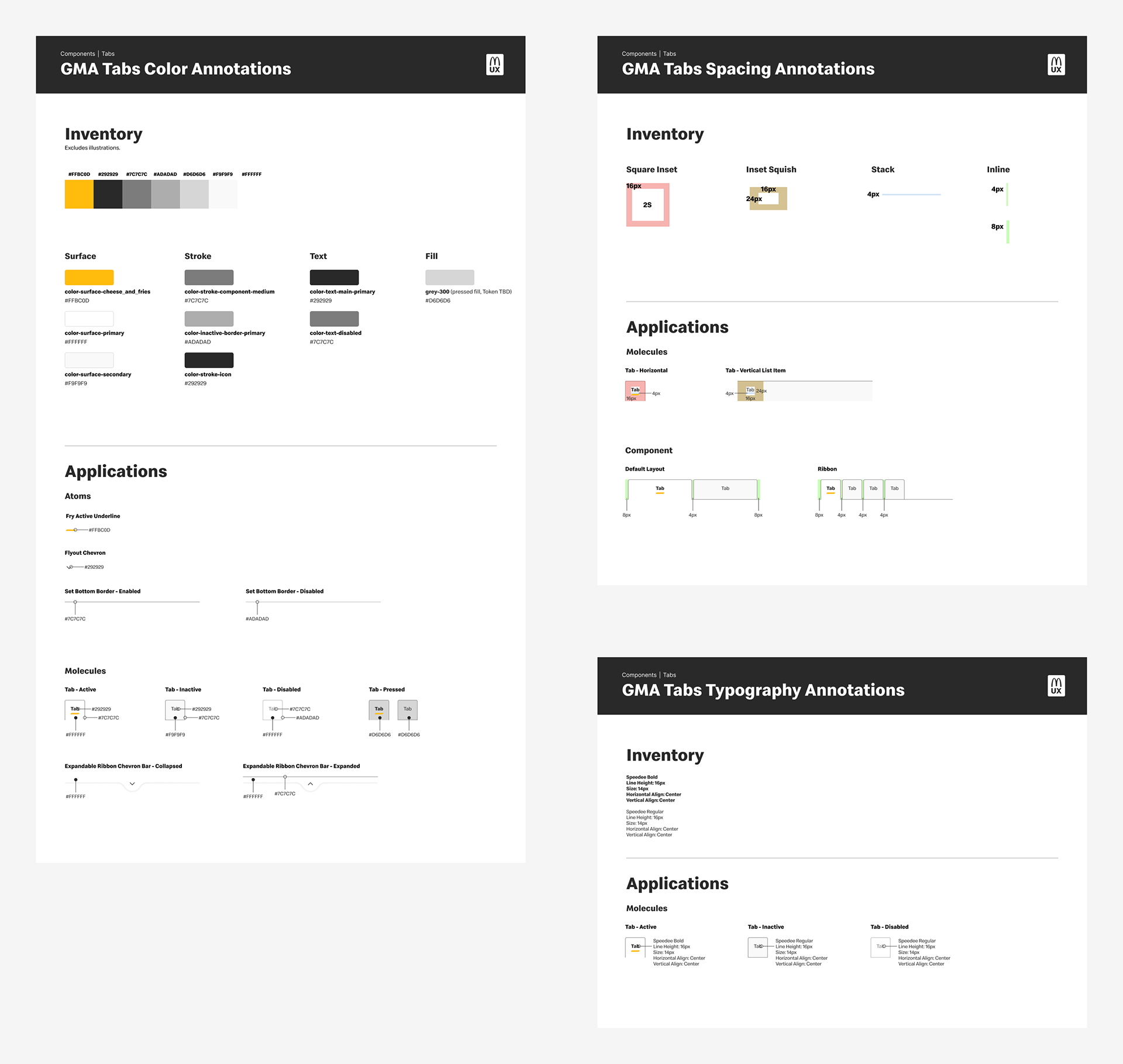 Composit of several pages of annotations for color, spacing, and typography. Each one begins with an inventory of every value present followed by applications noting how those values are used.