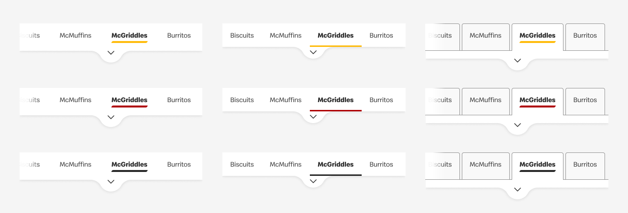nine tabs UI element mockups arranged in a three by three grid pattern.