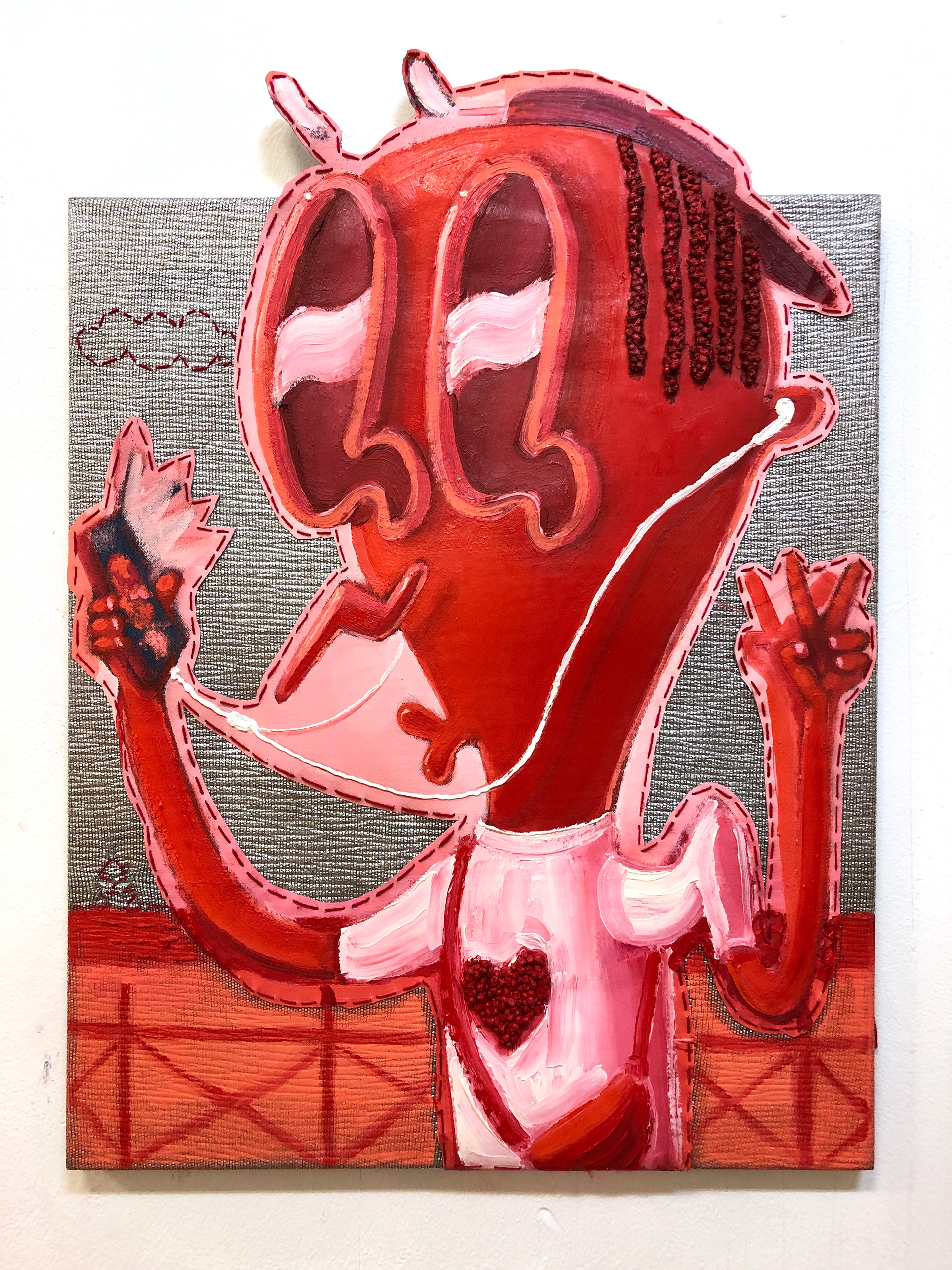 "Facetime" 50 x 60 cm Oil on canvas and fabrics