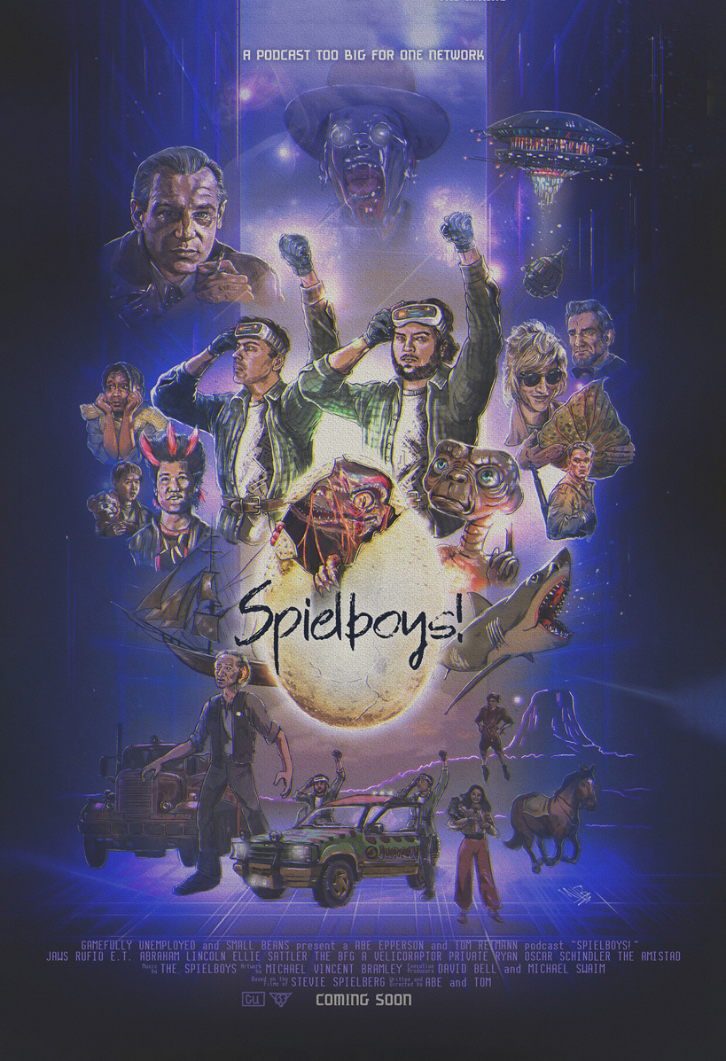 'Spielboys' 2021, a parody of the Ready Player One poster, created as a podcast cover for a joint venture between Gamefully Unemployed and Small Beans