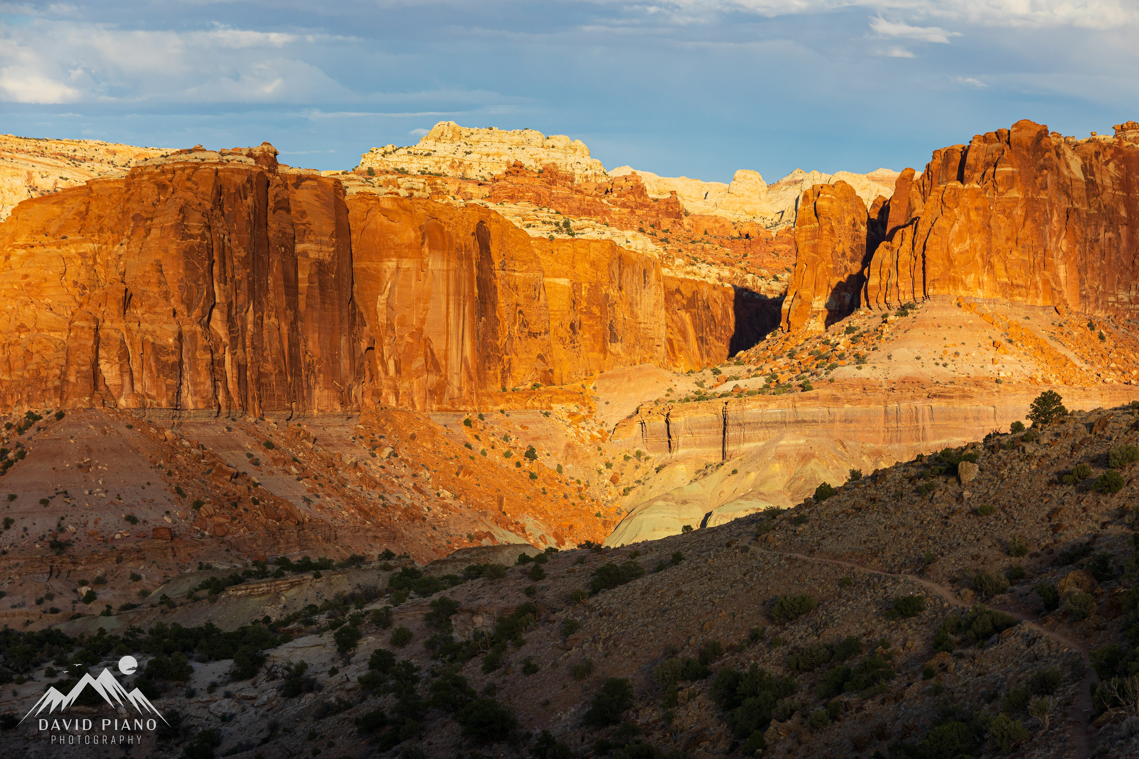 The late-day sun illuminates a sandstone escarpment viewed from the Chimney Rock Trail