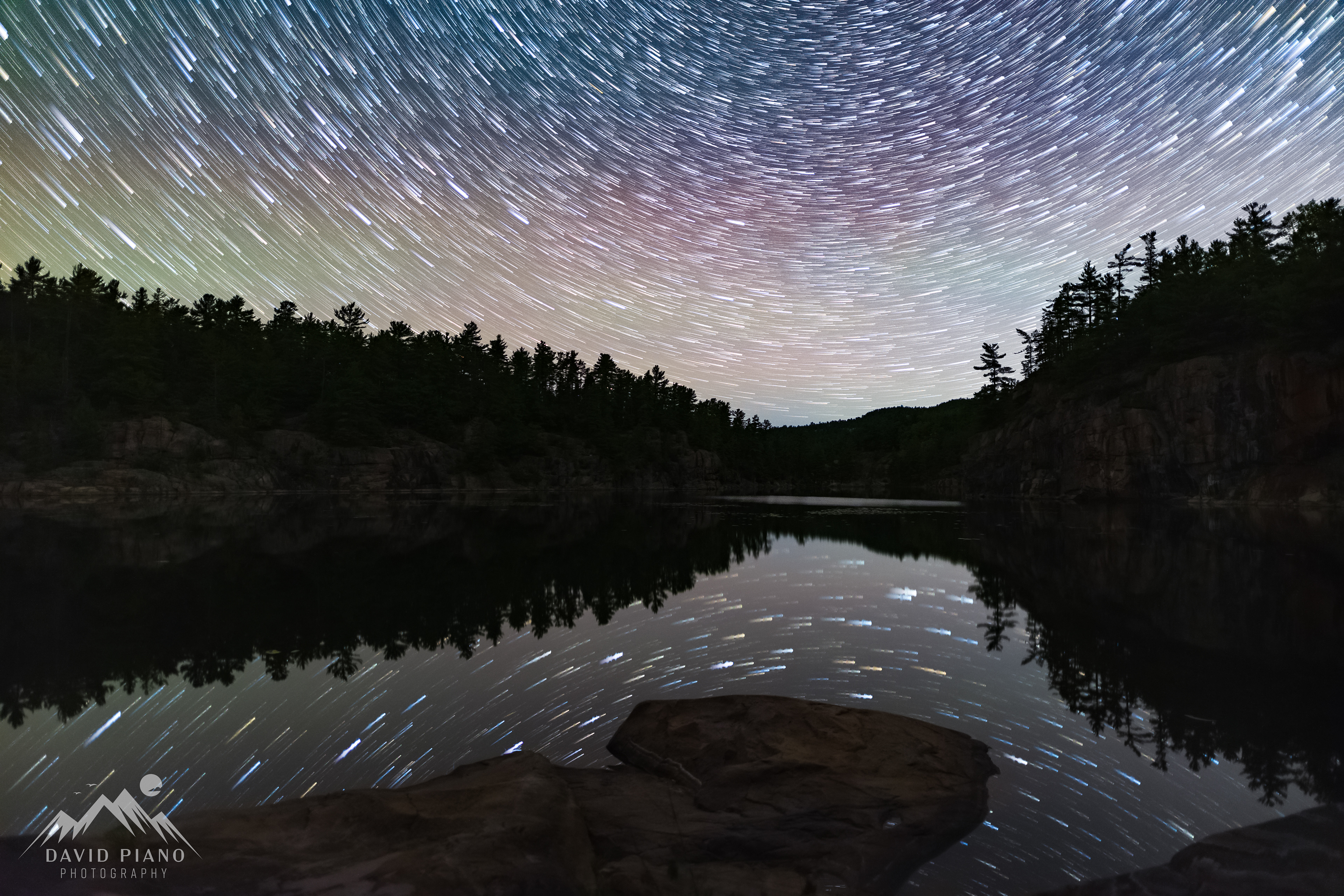 Star trails over Little Sheguiandah Lake, Killarney Provincial Park