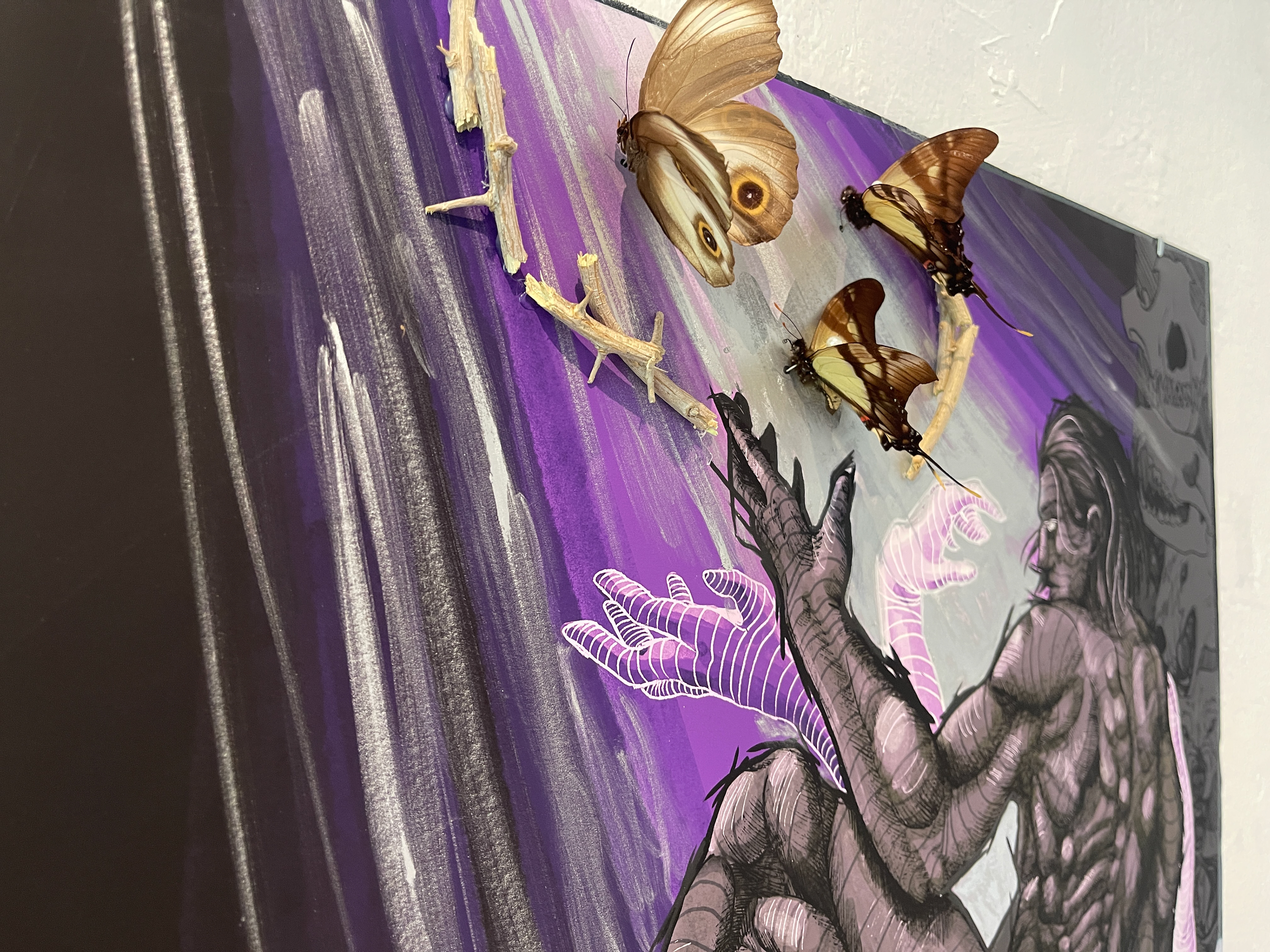 (Top Left) "Silky Owl", Taenaris catops; (Right) "Servile Swordtail", Eurytides serville