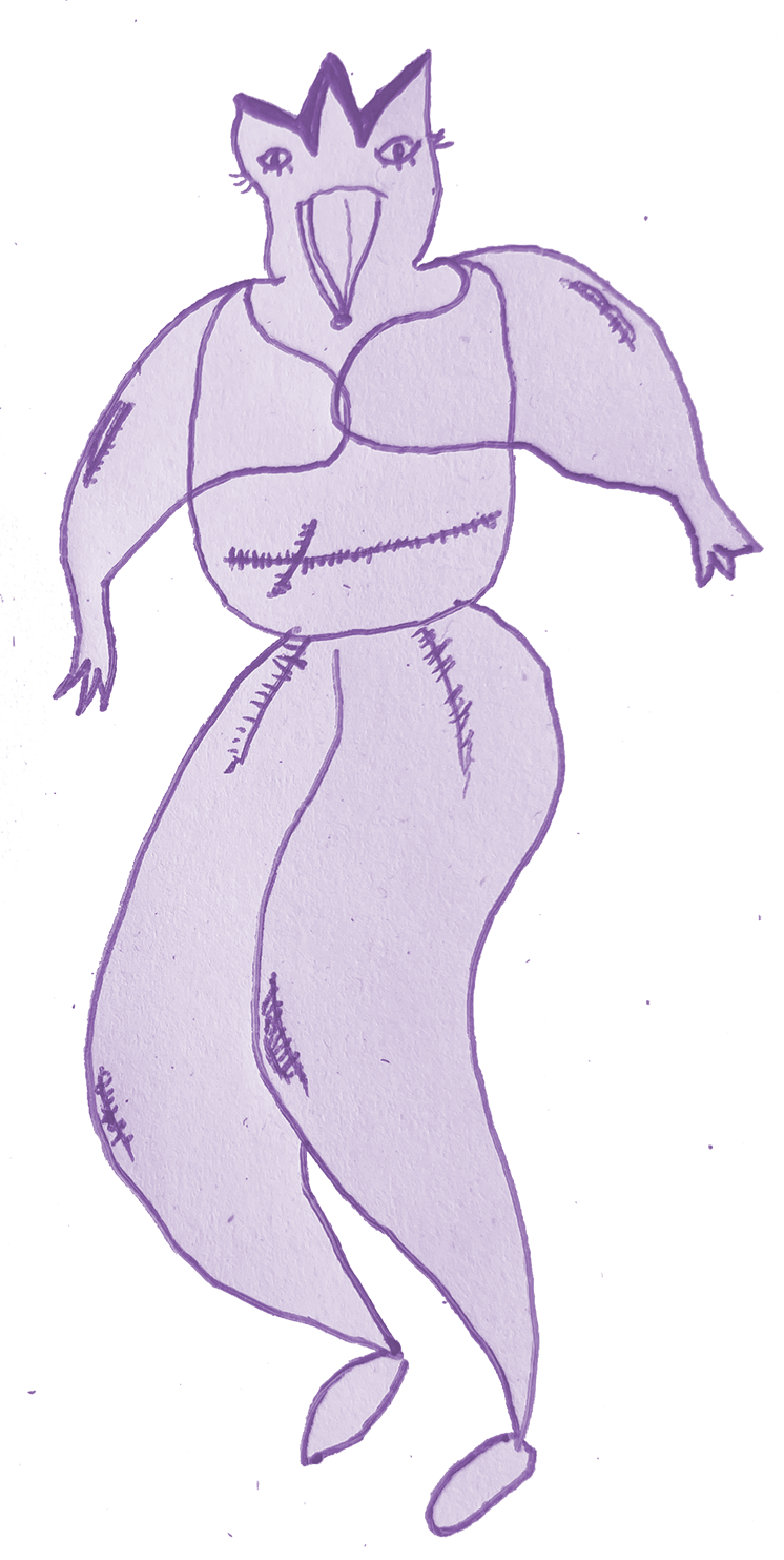 light purple tinted demon with scars and a beak