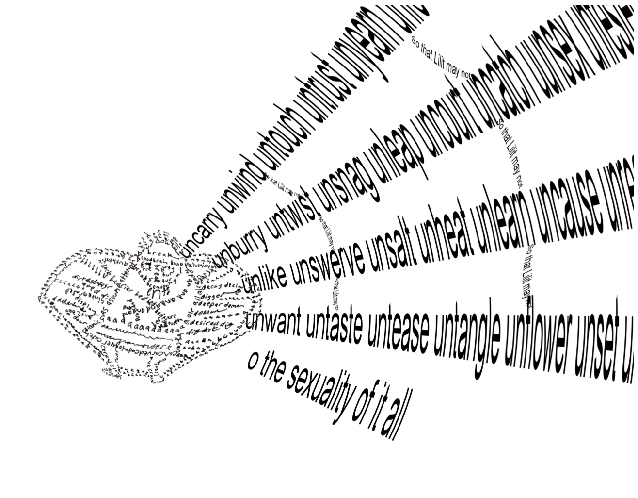 "demon bound with handwritten words (illegible) and coming from its body are rays made of words inscreasing in size ""uncarry unwind untouch untrust unyearn unburry untwist unsnag unleap uncourt unattach unsex unlike unswerve unsalt unheat unlearn uncause unwant untaste untease untangle unflower unset o the sexuality of it all"" the rays are bound by links of text ""so that lilit may not"""