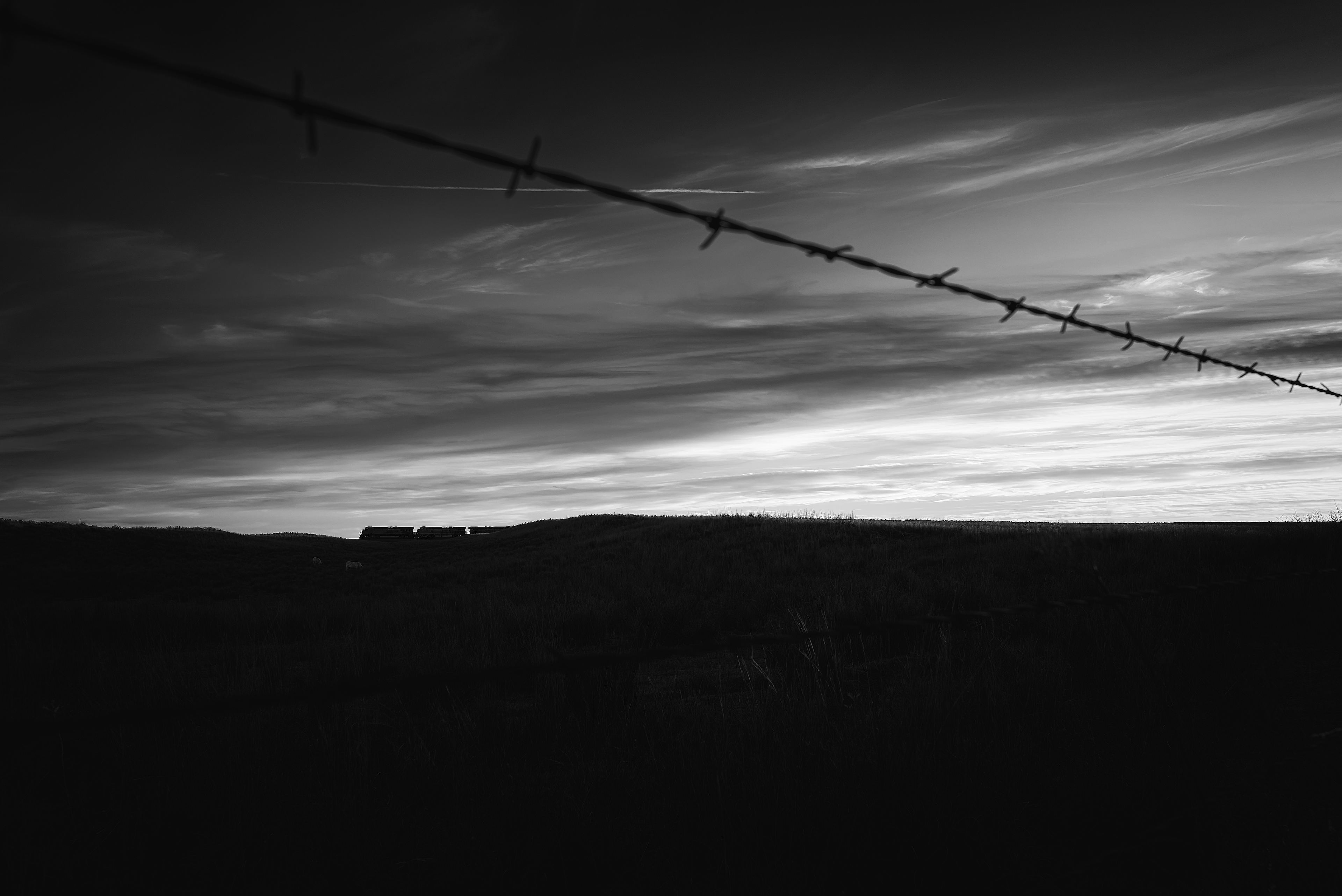 At dusk on the cold evening of December 29th, 2024, an eastbound BNSF train rolls past a gap in the sagebrush-covered sandhills of Lipscomb County, Texas.