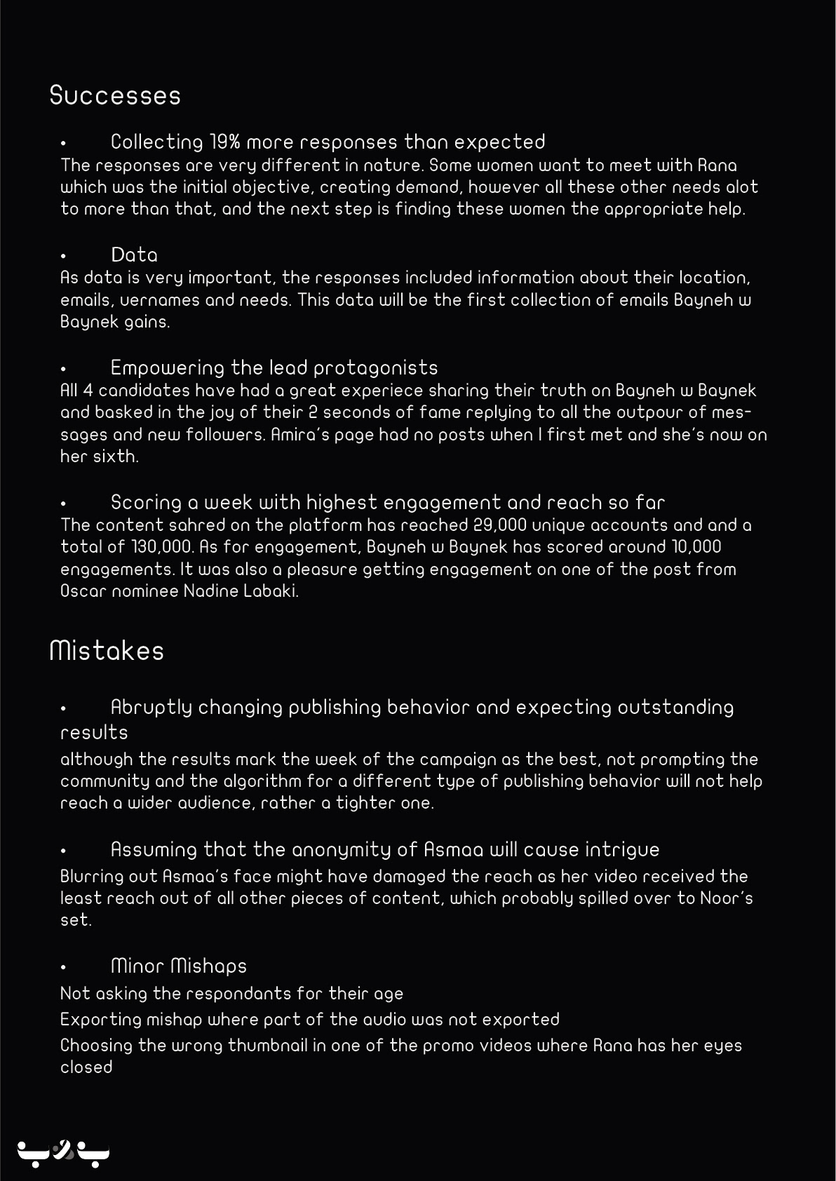 Bayneh w Baynek Campaign Successes