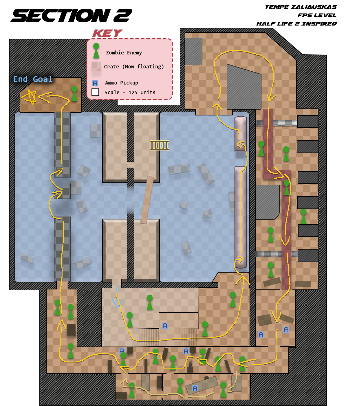 Top-down map for a Half-Life style FPS level taking place in a zombie-ridden water treatment facility. My first foray into top-down maps rather than side-view orthographic maps!