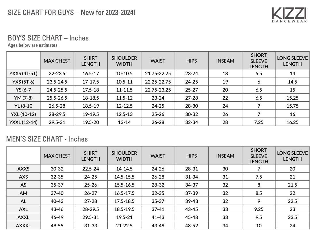 Official size charts offered to customers