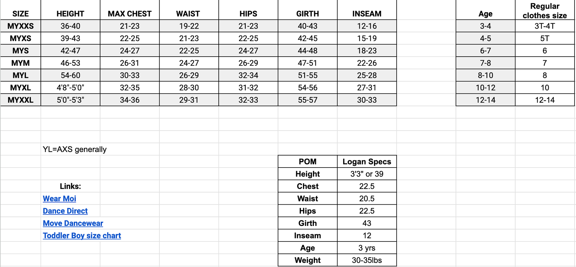 Internal youth size chart