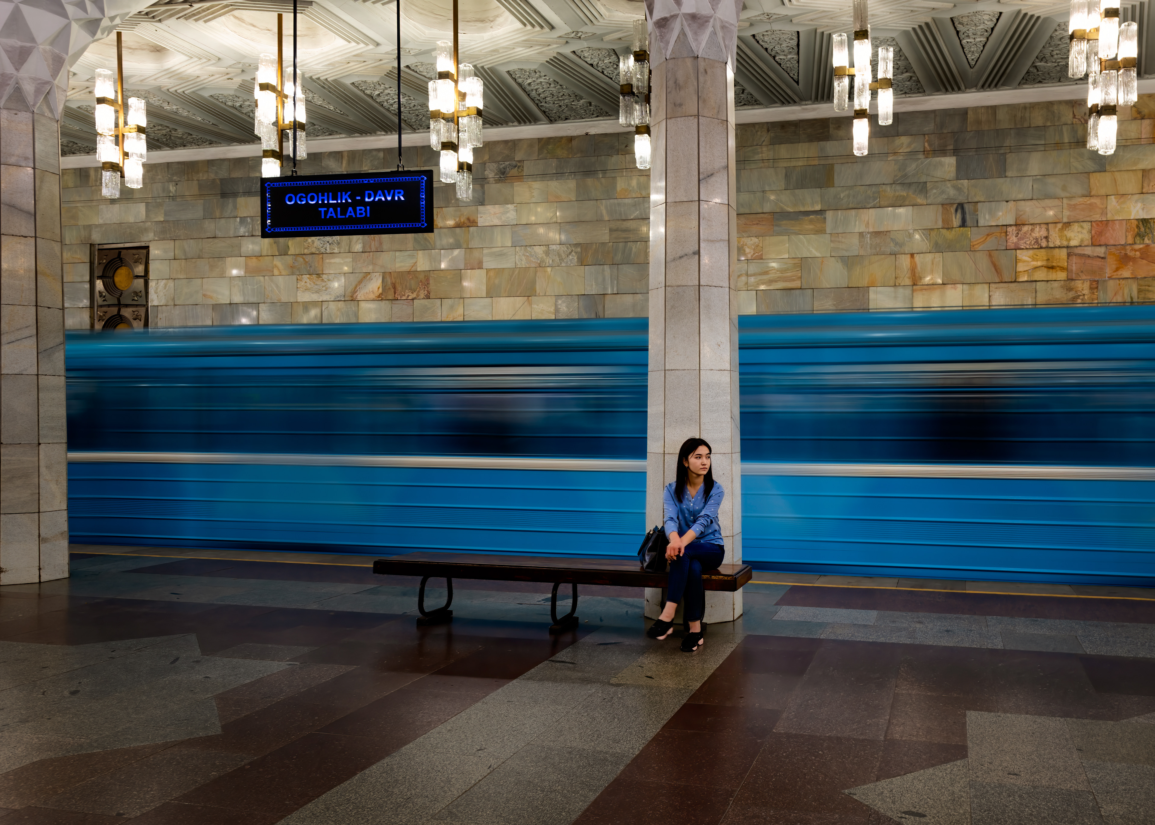 Opened in 1977, the first metro in Central Asia, and also — this is the part that explains the mood of the place — a nuclear bomb shelter, which is why photography down here was illegal for 41 years. The ban only lifted in June 2018. I got this less than a year later, which means for most of this station's existence, taking this exact picture would've gotten me arrested.