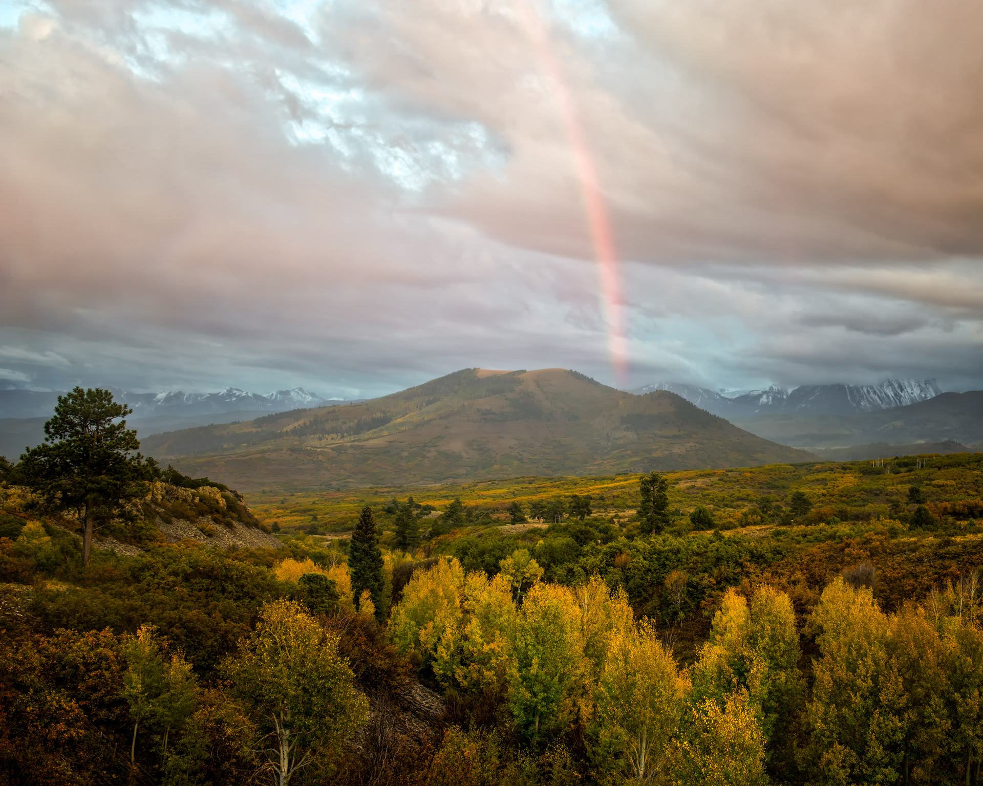 Rainbow, arcing over the valley. Every rainbow is a strictly personal phenomenon — the cone of droplets producing the colors you see sits at a precise 42-degree angle from the line between the sun and your own eye, which means the person standing next to you is technically looking at a different rainbow, made of different droplets, that only appears to overlap with yours because you're standing close together. Step ten feet either way and the rainbow moves with you, since there was never a single fixed arc out there to begin with — just conditions capable of producing one, wherever the light and the rain happen to line up with whoever's looking.
